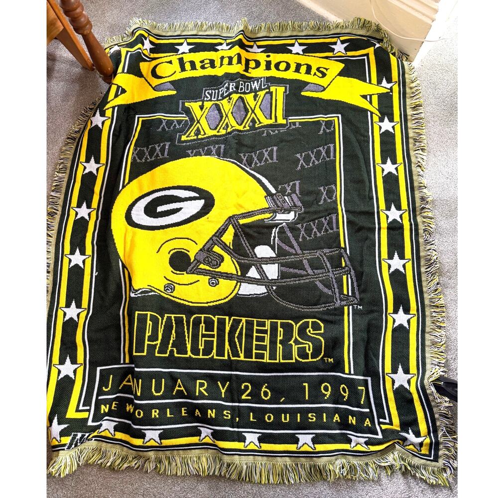 Green Bay Packers Super Bowl 31 VV1 Champions Vtg Throw Blanket Green Yellow